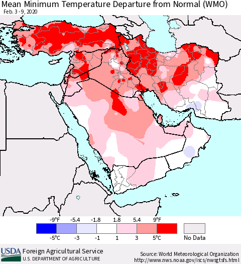 Middle East and Turkey Mean Minimum Temperature Departure from Normal (WMO) Thematic Map For 2/3/2020 - 2/9/2020