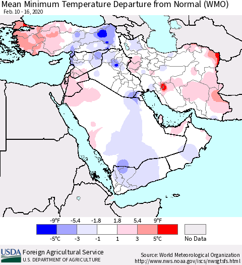 Middle East and Turkey Mean Minimum Temperature Departure from Normal (WMO) Thematic Map For 2/10/2020 - 2/16/2020