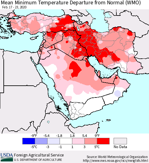 Middle East and Turkey Mean Minimum Temperature Departure from Normal (WMO) Thematic Map For 2/17/2020 - 2/23/2020