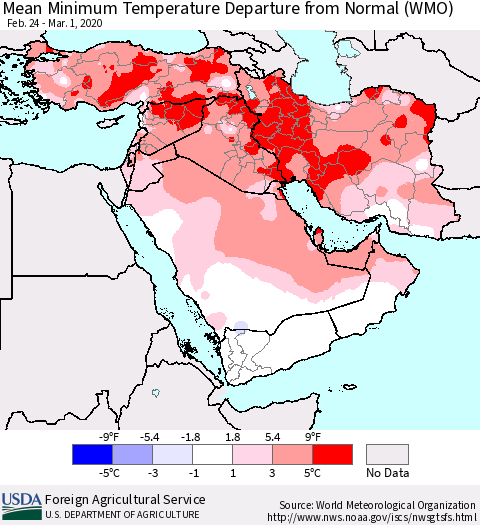 Middle East and Turkey Mean Minimum Temperature Departure from Normal (WMO) Thematic Map For 2/24/2020 - 3/1/2020