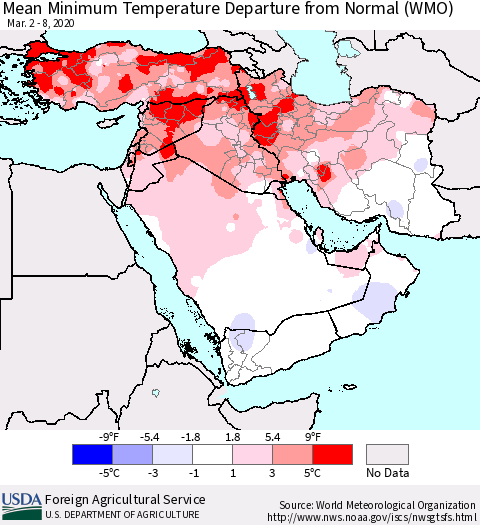 Middle East and Turkey Mean Minimum Temperature Departure from Normal (WMO) Thematic Map For 3/2/2020 - 3/8/2020