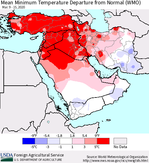 Middle East and Turkey Mean Minimum Temperature Departure from Normal (WMO) Thematic Map For 3/9/2020 - 3/15/2020