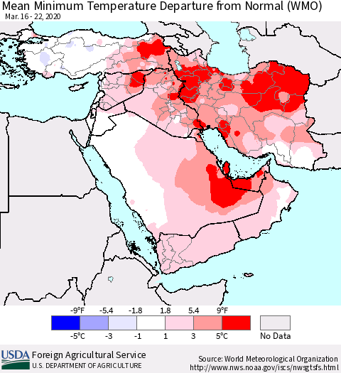 Middle East and Turkey Mean Minimum Temperature Departure from Normal (WMO) Thematic Map For 3/16/2020 - 3/22/2020