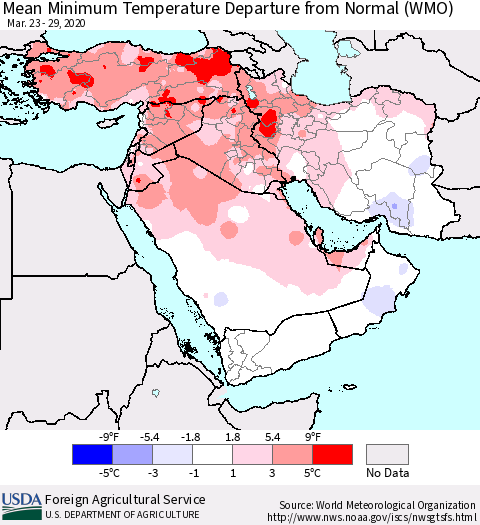 Middle East and Turkey Mean Minimum Temperature Departure from Normal (WMO) Thematic Map For 3/23/2020 - 3/29/2020