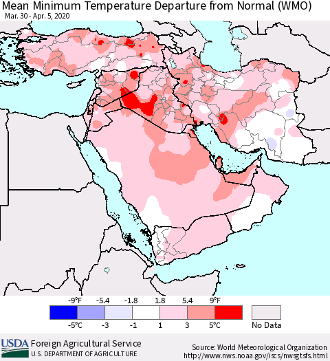 Middle East and Turkey Mean Minimum Temperature Departure from Normal (WMO) Thematic Map For 3/30/2020 - 4/5/2020