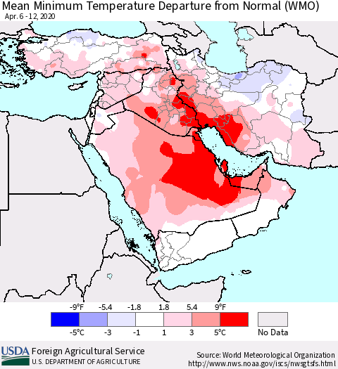 Middle East and Turkey Mean Minimum Temperature Departure from Normal (WMO) Thematic Map For 4/6/2020 - 4/12/2020