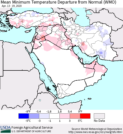 Middle East and Turkey Mean Minimum Temperature Departure from Normal (WMO) Thematic Map For 4/13/2020 - 4/19/2020