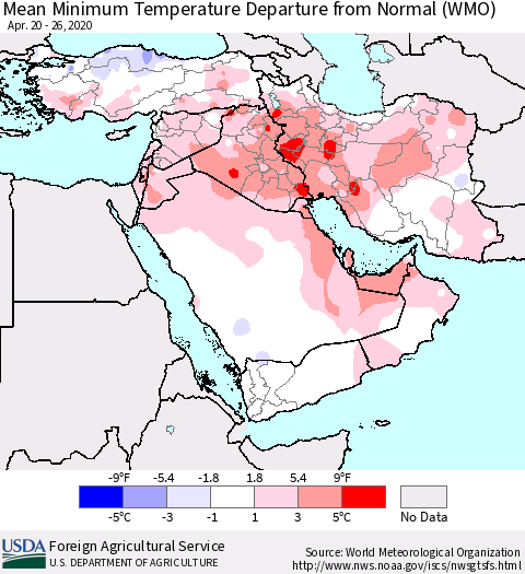 Middle East and Turkey Mean Minimum Temperature Departure from Normal (WMO) Thematic Map For 4/20/2020 - 4/26/2020