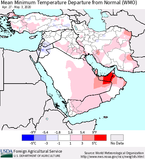 Middle East and Turkey Mean Minimum Temperature Departure from Normal (WMO) Thematic Map For 4/27/2020 - 5/3/2020