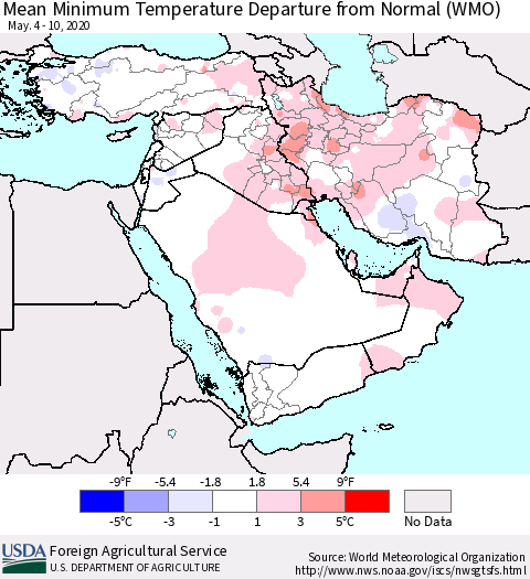 Middle East and Turkey Mean Minimum Temperature Departure from Normal (WMO) Thematic Map For 5/4/2020 - 5/10/2020