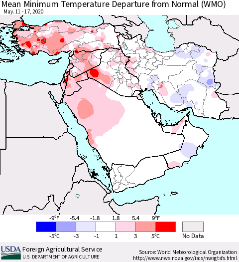 Middle East and Turkey Mean Minimum Temperature Departure from Normal (WMO) Thematic Map For 5/11/2020 - 5/17/2020