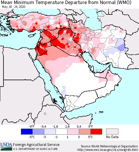 Middle East and Turkey Mean Minimum Temperature Departure from Normal (WMO) Thematic Map For 5/18/2020 - 5/24/2020