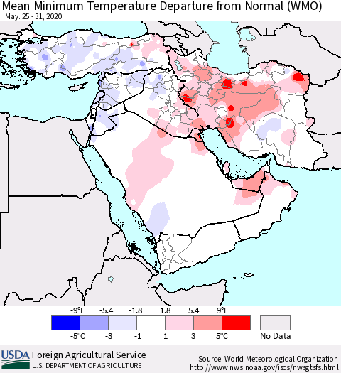 Middle East and Turkey Mean Minimum Temperature Departure from Normal (WMO) Thematic Map For 5/25/2020 - 5/31/2020