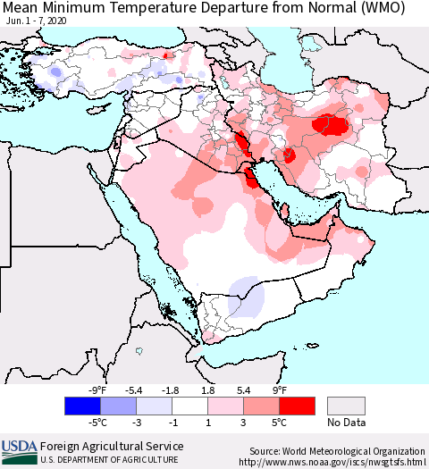 Middle East and Turkey Mean Minimum Temperature Departure from Normal (WMO) Thematic Map For 6/1/2020 - 6/7/2020