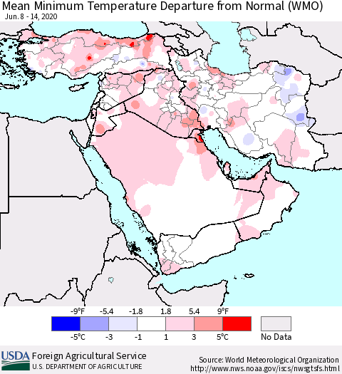 Middle East and Turkey Mean Minimum Temperature Departure from Normal (WMO) Thematic Map For 6/8/2020 - 6/14/2020