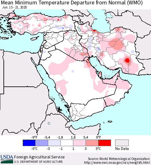 Middle East and Turkey Mean Minimum Temperature Departure from Normal (WMO) Thematic Map For 6/15/2020 - 6/21/2020