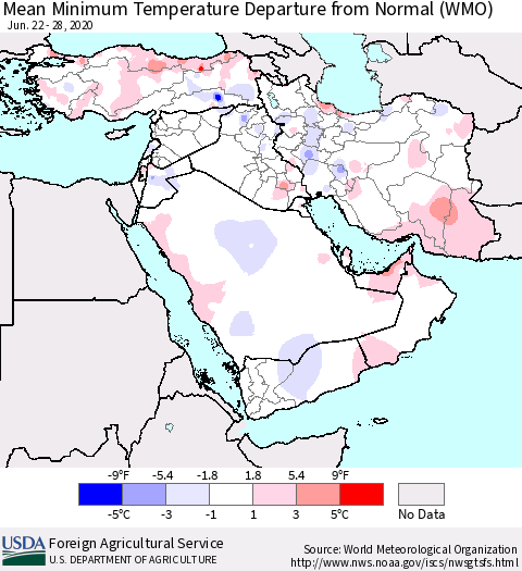 Middle East and Turkey Mean Minimum Temperature Departure from Normal (WMO) Thematic Map For 6/22/2020 - 6/28/2020