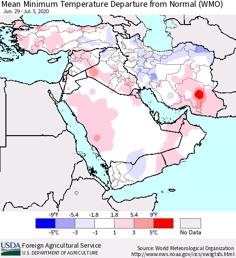 Middle East and Turkey Mean Minimum Temperature Departure from Normal (WMO) Thematic Map For 6/29/2020 - 7/5/2020