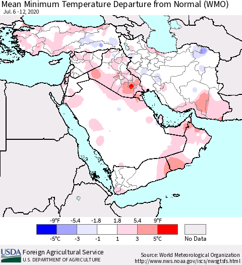 Middle East and Turkey Mean Minimum Temperature Departure from Normal (WMO) Thematic Map For 7/6/2020 - 7/12/2020