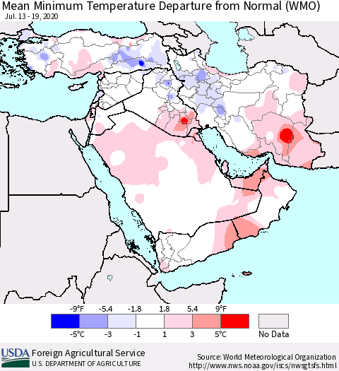 Middle East and Turkey Mean Minimum Temperature Departure from Normal (WMO) Thematic Map For 7/13/2020 - 7/19/2020