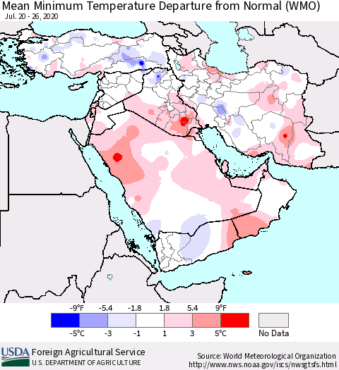 Middle East and Turkey Mean Minimum Temperature Departure from Normal (WMO) Thematic Map For 7/20/2020 - 7/26/2020