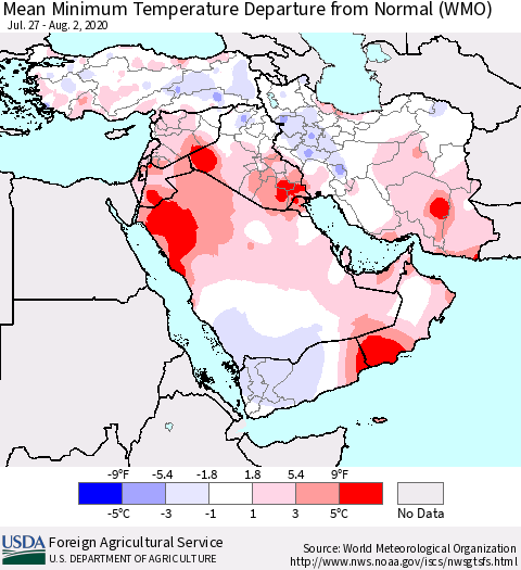 Middle East and Turkey Mean Minimum Temperature Departure from Normal (WMO) Thematic Map For 7/27/2020 - 8/2/2020