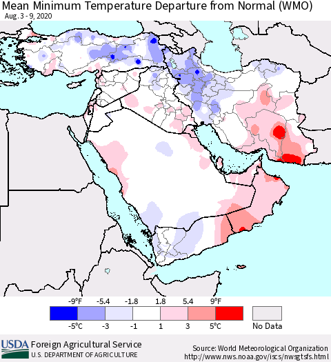 Middle East and Turkey Mean Minimum Temperature Departure from Normal (WMO) Thematic Map For 8/3/2020 - 8/9/2020