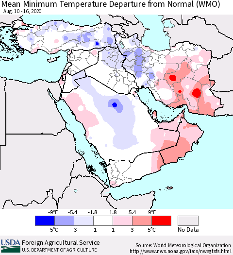 Middle East and Turkey Mean Minimum Temperature Departure from Normal (WMO) Thematic Map For 8/10/2020 - 8/16/2020