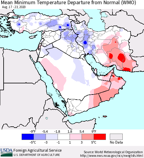 Middle East and Turkey Mean Minimum Temperature Departure from Normal (WMO) Thematic Map For 8/17/2020 - 8/23/2020