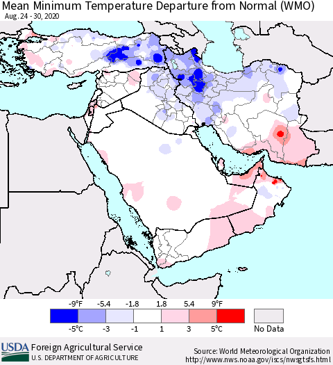 Middle East and Turkey Mean Minimum Temperature Departure from Normal (WMO) Thematic Map For 8/24/2020 - 8/30/2020