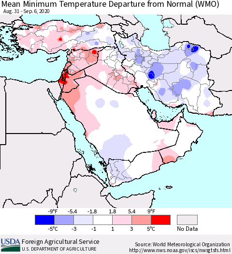 Middle East and Turkey Mean Minimum Temperature Departure from Normal (WMO) Thematic Map For 8/31/2020 - 9/6/2020