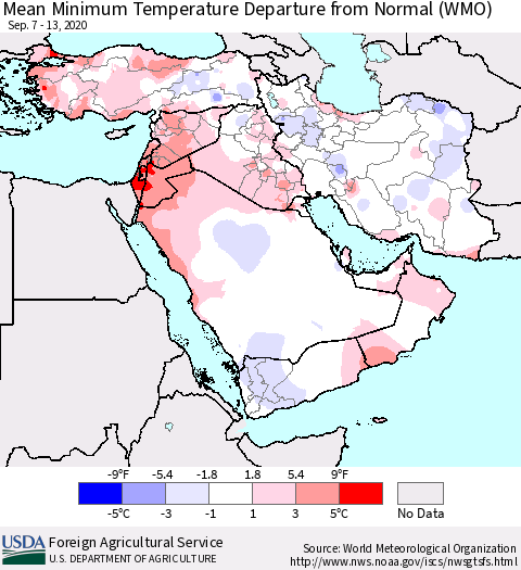 Middle East and Turkey Mean Minimum Temperature Departure from Normal (WMO) Thematic Map For 9/7/2020 - 9/13/2020