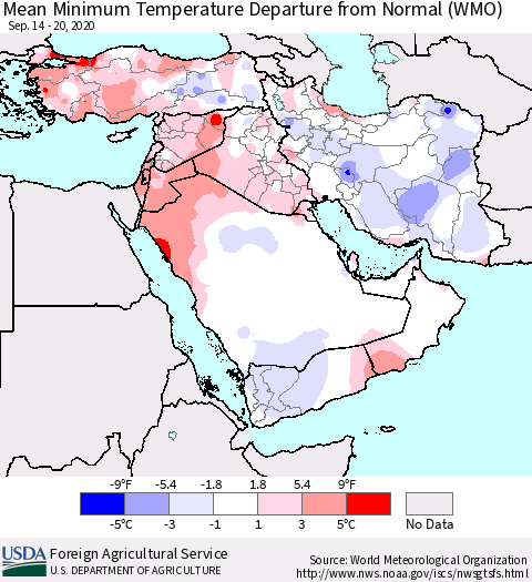 Middle East and Turkey Mean Minimum Temperature Departure from Normal (WMO) Thematic Map For 9/14/2020 - 9/20/2020