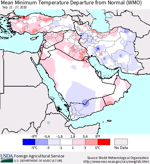 Middle East and Turkey Mean Minimum Temperature Departure from Normal (WMO) Thematic Map For 9/21/2020 - 9/27/2020