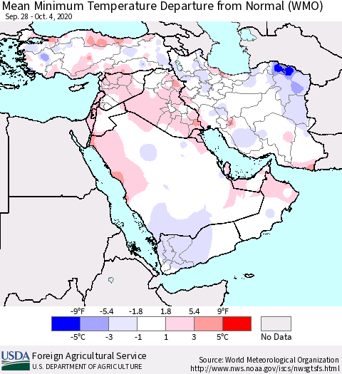 Middle East and Turkey Mean Minimum Temperature Departure from Normal (WMO) Thematic Map For 9/28/2020 - 10/4/2020