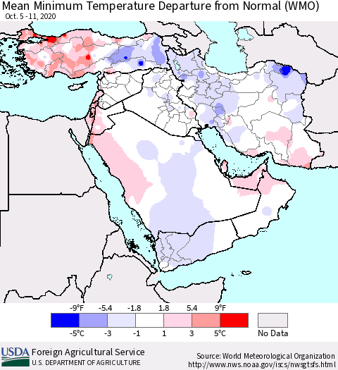 Middle East and Turkey Mean Minimum Temperature Departure from Normal (WMO) Thematic Map For 10/5/2020 - 10/11/2020