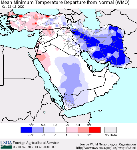 Middle East and Turkey Mean Minimum Temperature Departure from Normal (WMO) Thematic Map For 10/12/2020 - 10/18/2020