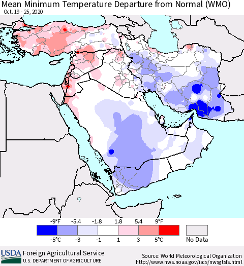 Middle East and Turkey Mean Minimum Temperature Departure from Normal (WMO) Thematic Map For 10/19/2020 - 10/25/2020
