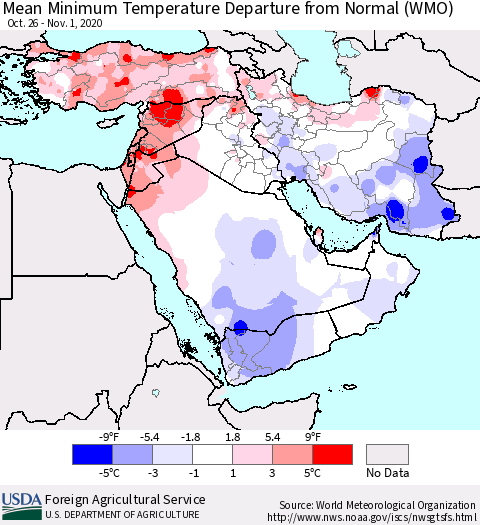 Middle East and Turkey Mean Minimum Temperature Departure from Normal (WMO) Thematic Map For 10/26/2020 - 11/1/2020