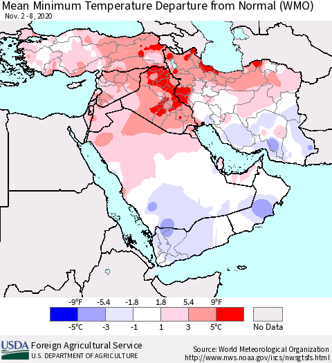 Middle East and Turkey Mean Minimum Temperature Departure from Normal (WMO) Thematic Map For 11/2/2020 - 11/8/2020