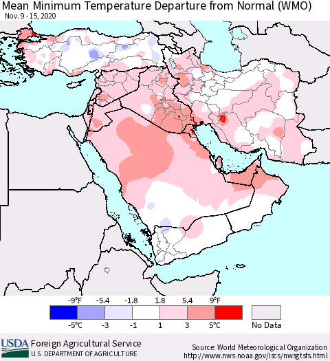 Middle East and Turkey Mean Minimum Temperature Departure from Normal (WMO) Thematic Map For 11/9/2020 - 11/15/2020