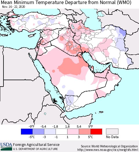 Middle East and Turkey Mean Minimum Temperature Departure from Normal (WMO) Thematic Map For 11/16/2020 - 11/22/2020