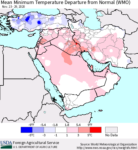 Middle East and Turkey Mean Minimum Temperature Departure from Normal (WMO) Thematic Map For 11/23/2020 - 11/29/2020