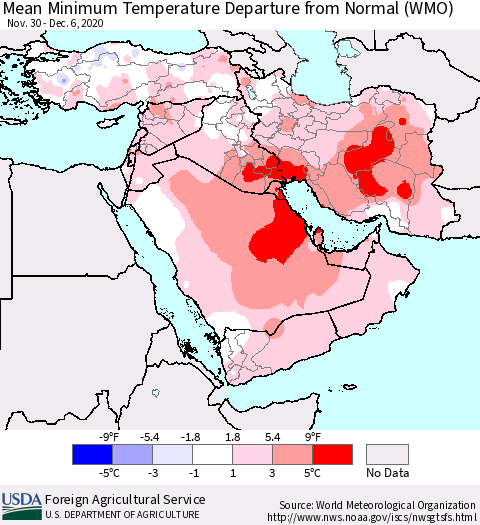 Middle East and Turkey Mean Minimum Temperature Departure from Normal (WMO) Thematic Map For 11/30/2020 - 12/6/2020