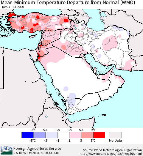Middle East and Turkey Mean Minimum Temperature Departure from Normal (WMO) Thematic Map For 12/7/2020 - 12/13/2020