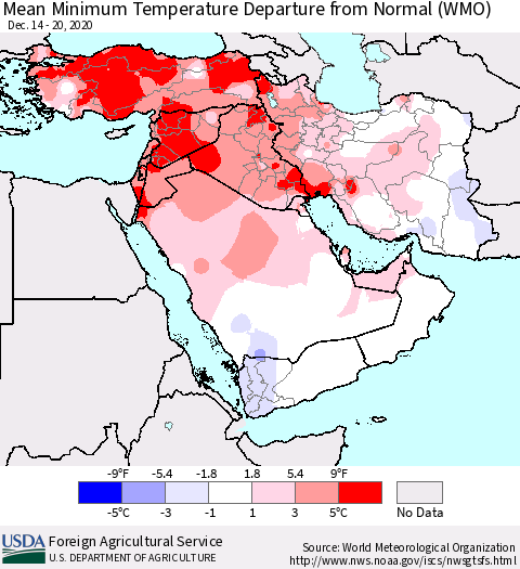 Middle East and Turkey Mean Minimum Temperature Departure from Normal (WMO) Thematic Map For 12/14/2020 - 12/20/2020