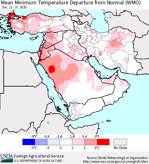 Middle East and Turkey Mean Minimum Temperature Departure from Normal (WMO) Thematic Map For 12/21/2020 - 12/27/2020