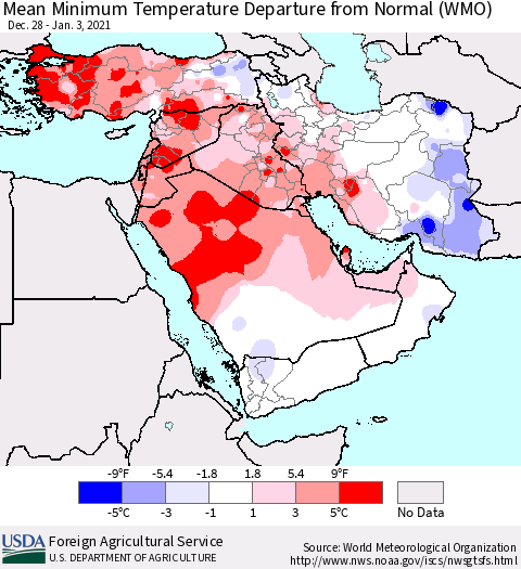 Middle East and Turkey Mean Minimum Temperature Departure from Normal (WMO) Thematic Map For 12/28/2020 - 1/3/2021