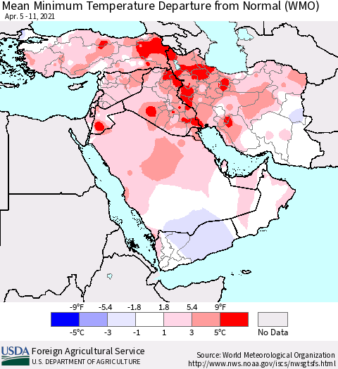 Middle East and Turkey Mean Minimum Temperature Departure from Normal (WMO) Thematic Map For 4/5/2021 - 4/11/2021