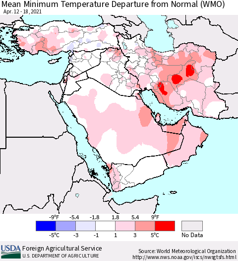 Middle East and Turkey Mean Minimum Temperature Departure from Normal (WMO) Thematic Map For 4/12/2021 - 4/18/2021